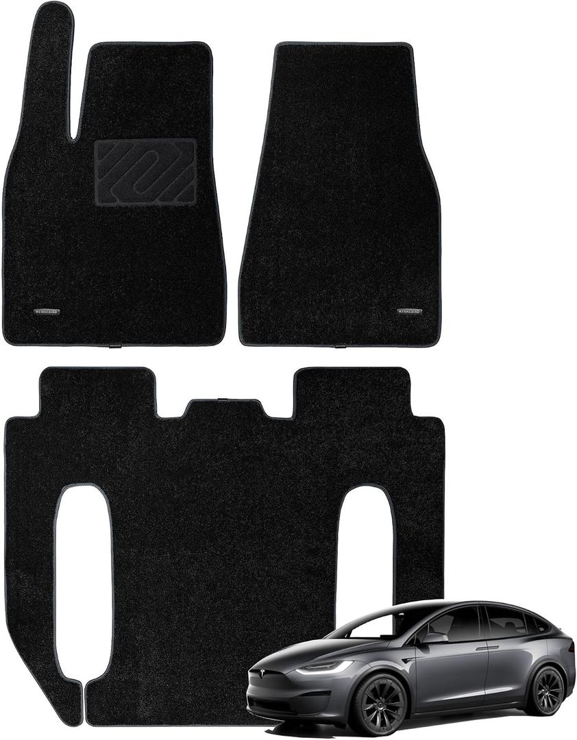WENNEBIRD Superior Carpet Floor Mats for 2015-2020 Tesla Model X 6 Seats (Not for 5 Seats & 7 Seats & Chrome Rails), 0.6-Inch Ultra-Thick, Noise-Reducing, All-Weather Waterproof Anti-Slip 3-Pc Set