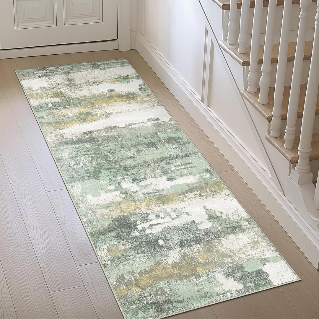 Runner Rug for Hallway Kitchen, 2'6"x4' Machine Washable Runners Rug for Entryway, Soft Modern Abstract Throw Rugs, Low Pile Floor Cover with Non Slip Backing, Light Green