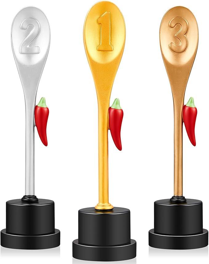 Yinkin 3 Pcs Chili Cook Off Trophies Chili Cook Off Prizes Medals Awards Decorations Salsa Contest Pepper Trophy for Winner Cooking Event Competition Gifts 1st Gold, 2nd Silver, 3rd Bronze(Trendy)