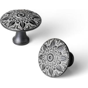 6 Pack Distressed Black & Cream Cabinet Knobs, Vintage Mandala Drawer Pulls, Solid Zinc Alloy Shabby Chic Starburst Door Handles for Kitchen Cupboard, Dresser, Wardrobe, Vanity Hardware