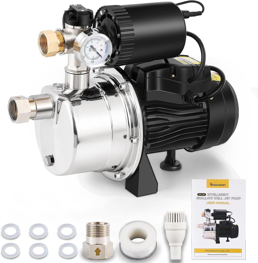 3/4 HP Water Pressure Booster Pump for Home 1050GPH Shallow Well Jet Pump with Pressure Tank Auto ON/OFF Stainless Steel Self-Priming System Pressure Switch for Whole House, Garden, Lawn