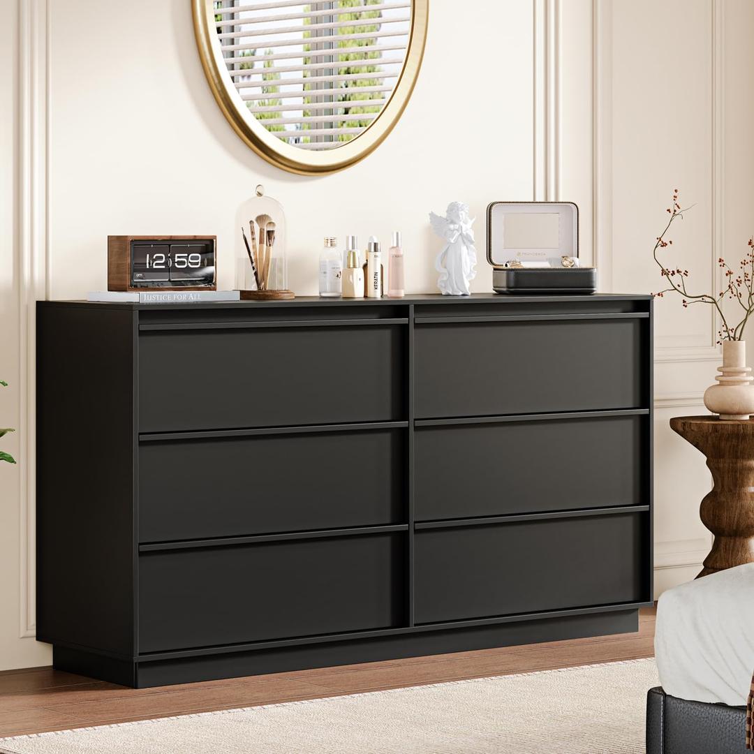 55.12" Modern Chest of Drawer, 6 Deep Drawers,Clothes Organizer,Large Storage Cabinet for Living Room, Bedroom,Dresser TV Stand, Wood Drawer Organizer for Living Room, Hallway,Black