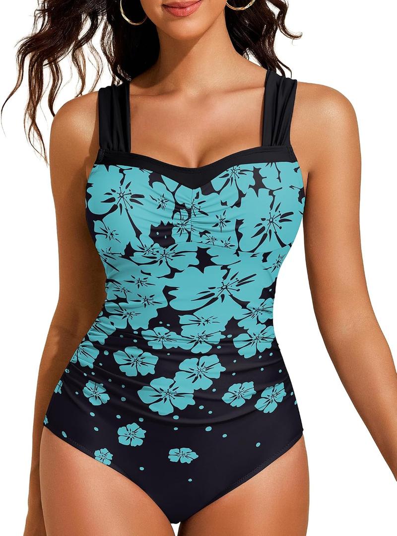 HUSKARY Womens One Piece Swimsuit Tummy Control Push Up Bathing Suits Ruched Full Coverage Slimming Swimwear (Black, S)