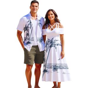 Matchable Couple Hawaiian Coconut Tree Print Shirt or Plus Size Midi Cold Shoulder Dress (White, L)