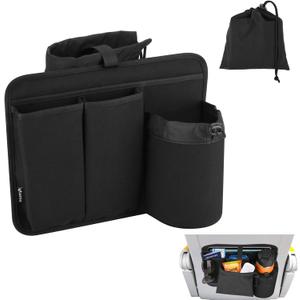 Airplane Seat Back Organizer, Flight Travel Organizer with 3 Metal Clips for Seat Back, Foldable Seatback Hanging Pocket with Storage Bag for Tablet, Passport, Phone, Water Bottle