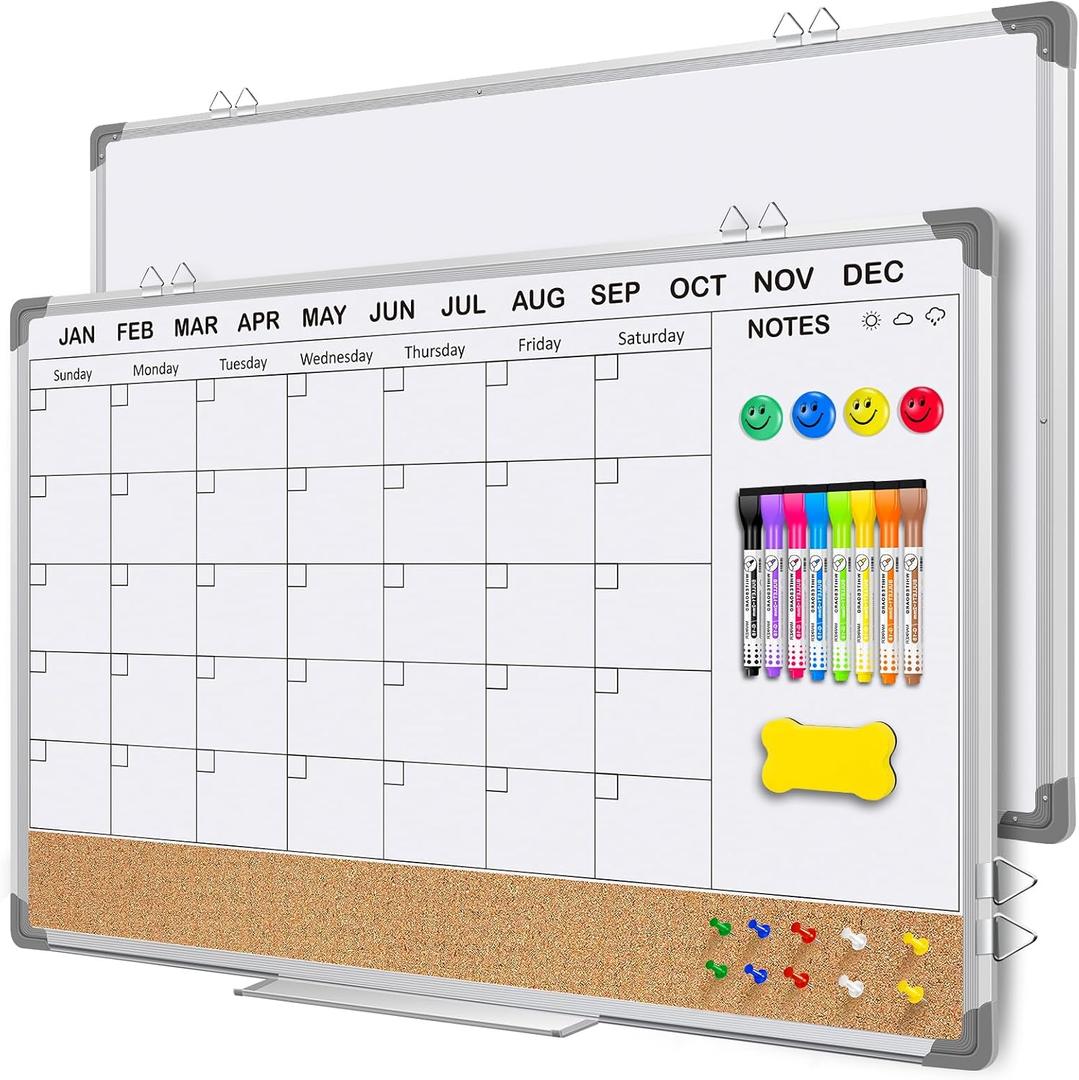 Whiteboard Calendar for Wall 36x24 Inch, EAONE Dry Erase Board with Calendar and Cork Board Combo, Double Sided/Magnetic/Aluminum Framed, Wall Mounted Monthly Planner Organizer for Home Office School