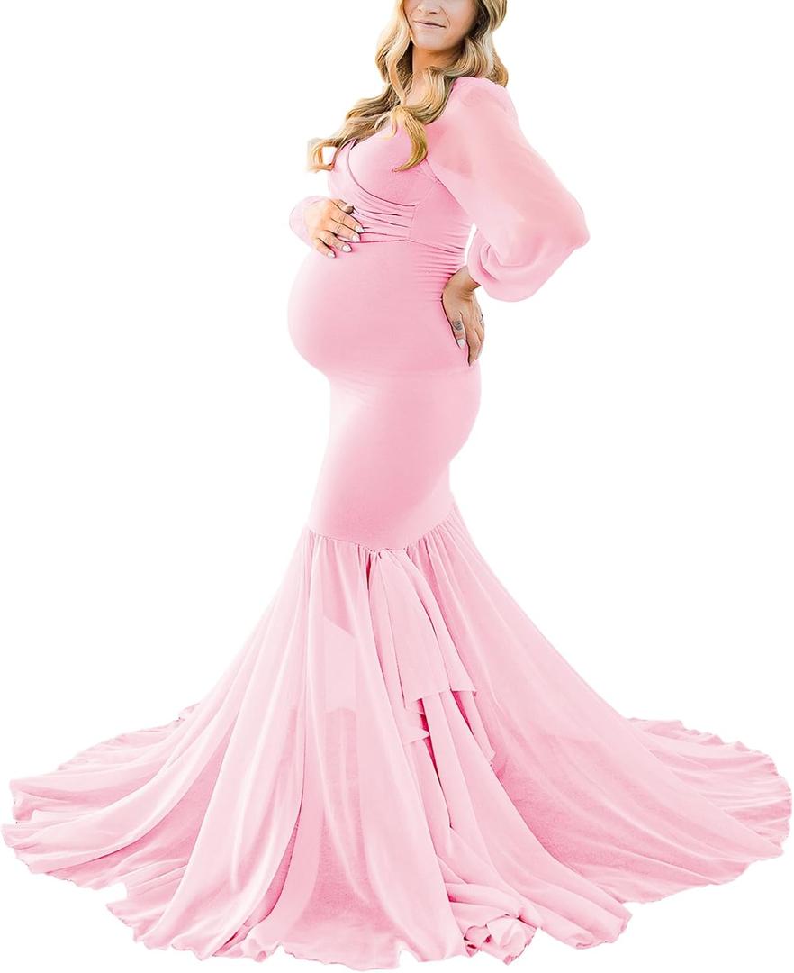 Saslax Long Chiffon Sleeve Tired Mermaid Maternity Dress for Photoshoot Photography Baby Shower (Medium, X-pink 69)