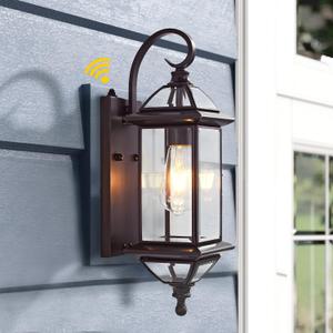 Solid Copper Dusk to Dawn Outdoor Wall Lighting, 18.5" Oil Rubbed Bronze Porch Light with Clear Beveled Glass, Exterior Wall Sconce for Front Door, Patio & Entryway, E26 Base