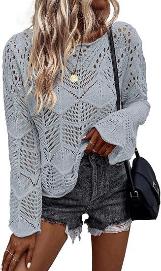 Allimy Womens Fashion Long Sleeve Hollow Out Crochet Crewneck Pointelle Knitted Top Blouses Pullovers Light Grey XXL
