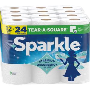Sparkle Tear-A-Square Paper Towels, 12 Double Rolls - Strong 2-Ply Towels for Kitchen Cleanup and Everyday Messes