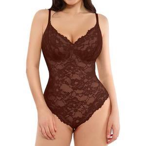 Popilush Shapewear Bodysuit V Neck Tummy Control Backless Lace Tank Tops Sleeveless Thong Bodysuit, XL