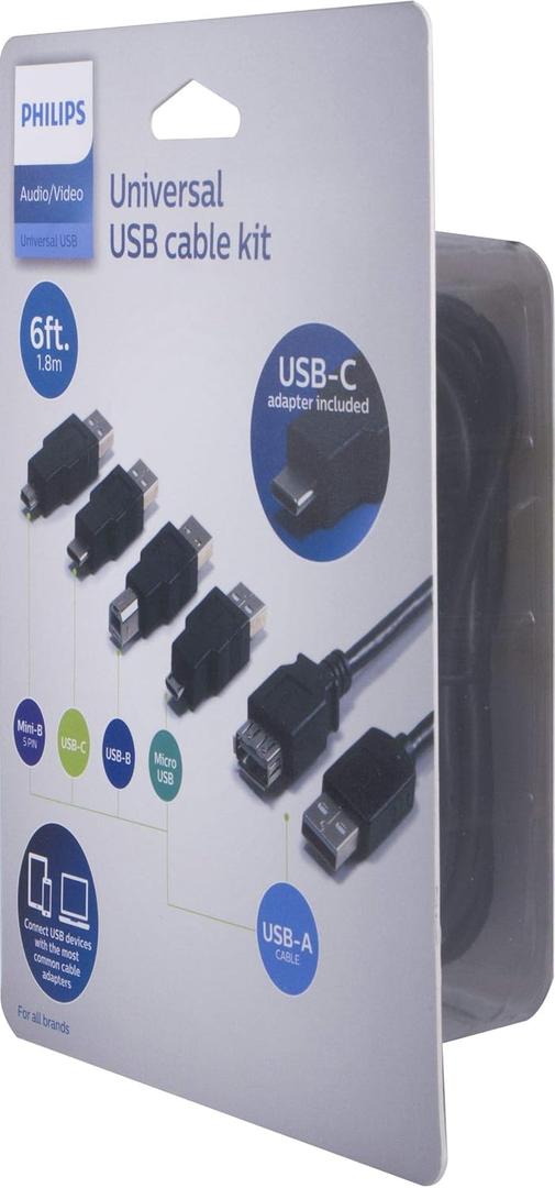 Philips 5-in-1 Universal USB Cable Kit, Includes Adapters for: Mini-B (5 PIN), USB-C, USB-B, Micro USB, and USB-A 2.0 Cable, for Mobile Devices, Laptops, Printers, Scanners, Cameras, SWU8002N/27