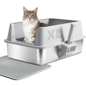 Stainless Steel Cat Litter Box with Lid, XL Metal Litter Box, Extra Large Litterbox for Big Cats, High Sided | Easy Cleaning | Odor-Free Includes Scoop and Mat