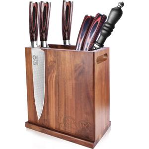  XYJ Magnetic Knife Block Holder, Double Side Magnetic Knife Stand, Acacia Wood, Extra Large Capacity Magnet Knife Storage for Knives and Utensils, Kitchen Organizer Rack Tool Without Knives (8.5*8.5 inch, dark wood color)