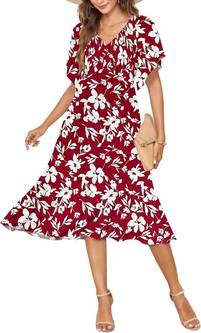 AUSELILY Women's Summer Empire Waist Dress Smocked Flutter Short Sleeve V Neck Midi Dresses 2026 New (S)