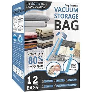 12 Pack Vacuum Storage Bags, Space Saver Vacuum Storage Bags, Vacuum Seal Bags for Clothing, Clothes, Comforters and Blankets, Hand Pump Included