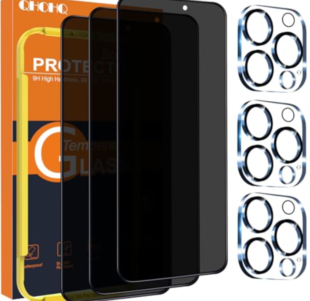 QHOHQ for iPhone 16 Pro Max Privacy Screen Protector + Camera Lens Protector, [Military Grade Shatterproof], Top 9H+ Anti Spy Glass, Full Edge Coverage, Ultra Durable,with Installation Tool [3+3 Pack]