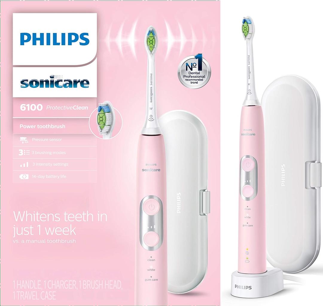 Philips Sonicare ProtectiveClean 6100 Rechargeable Electric Toothbrush, with Pressure Sensor, 3 Cleaning Modes, SmarTimer and QuadPacer, 14-Day Battery Life, Travel Case, Pink, Model HX6876/21