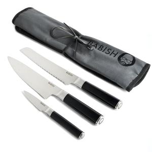 German High-Carbon Steel Cutlery 3-Piece (Chef Knife Bread Pairing Knife) W/Knife Roll Black Stainless 4 Piece