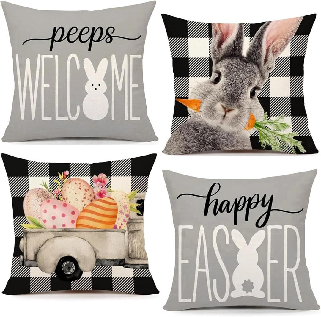 Easter Pillow Covers 18x18 Set of 4, Buffalo Plaid Bunny Eggs Truck Decorative Throw Pillow Cases, Happy Easter Peeps Welcome Farmhouse Pillow Covers for Home Couch Porch Spring Holiday Decor