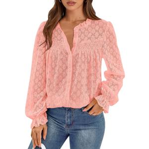 PRETTYGARDEN Women's Lace Long Sleeve Button Down Blouse (Pink, S)