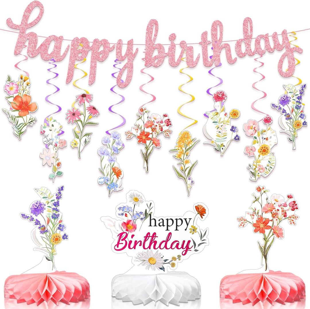 22 Pcs Flower Birthday Decorations 1 Wildflower Happy Birthday Banner 18 Wildflower Hanging Swirls 3 Honeycomb Centerpiece for Party Decorations Girls Women (Pink)