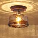 6.7'' Semi Flush Mount Ceiling Light,Mid-Century Modern Ceiling Light Fixture,Brown Glass Lampshade Vintage Hallway Lights Fixtures,Wood Base Flush Mount Ceilings Lights for BedroomNo Bulb Included