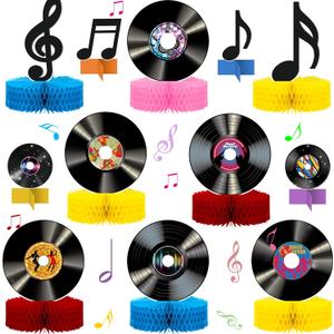 Eaasty 12 Pcs Music Party Decorations Vinyl Record Honeycomb Centerpieces 1950's 60s 70s 80s Rock and Roll Table Decorations Retro Record Note Sign for Music Birthday Party Supplies Favors
