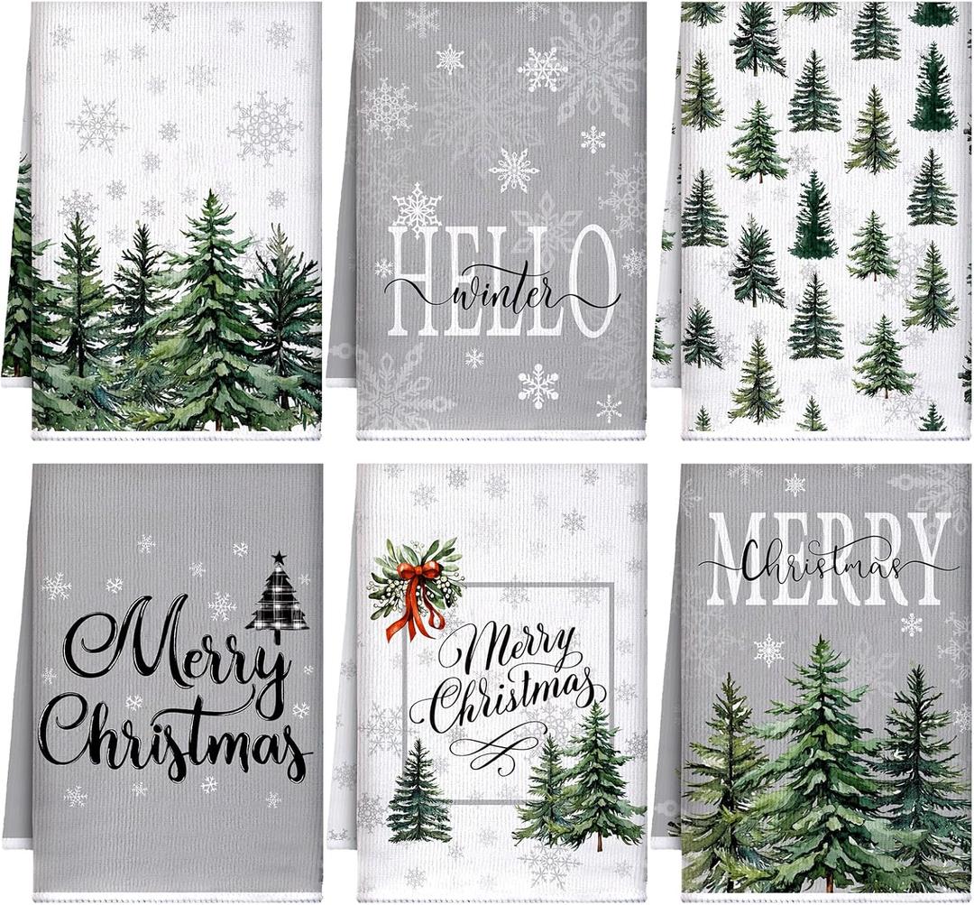 Bencailor 6 Pcs Christmas Kitchen Towels Absorbent Soft Microfiber Farmhouse Dish Towels Sets 16x24inch Winter Christmas Hand Dishcloths for Housewarming Gift(Green, Snow Tree Style)