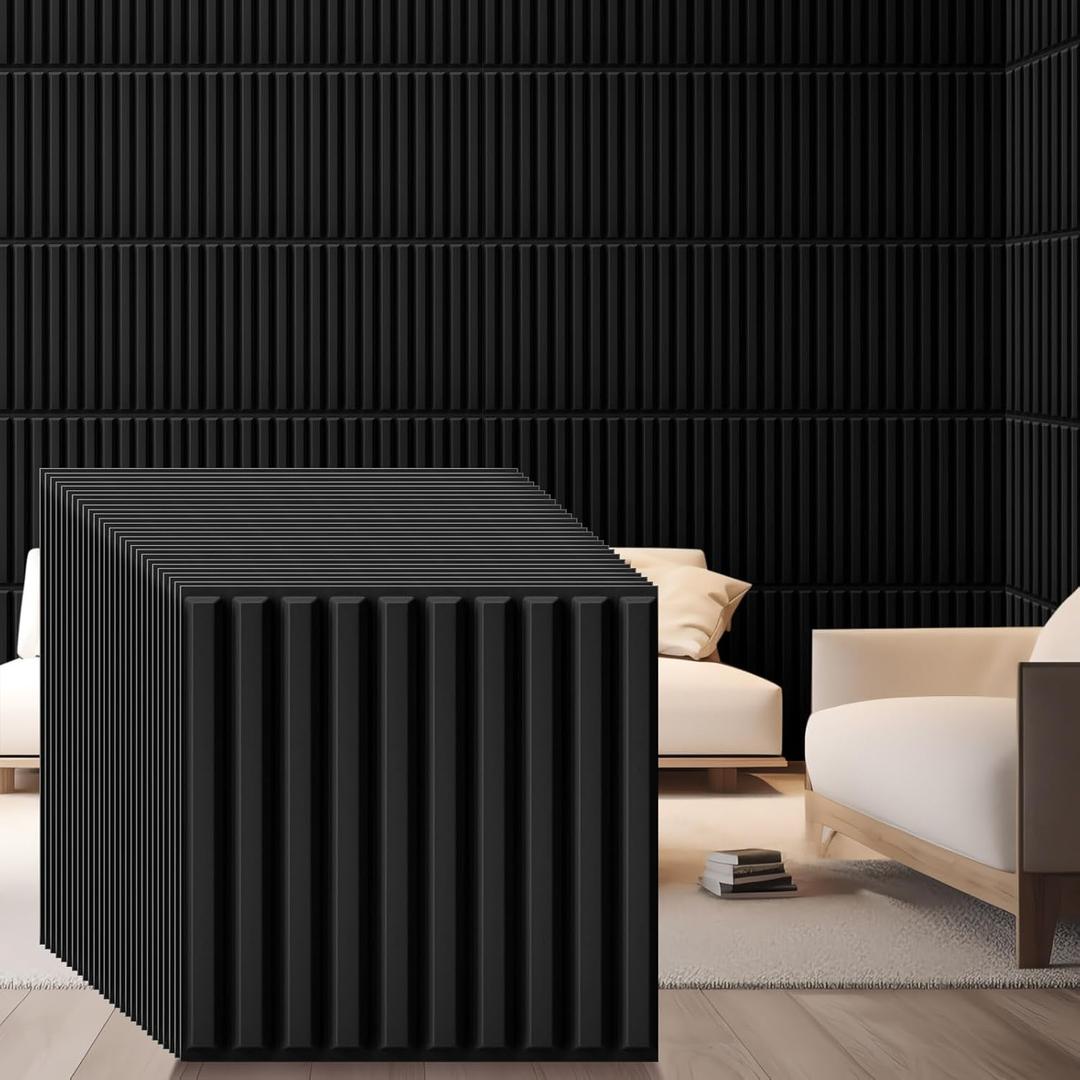 Nuanchu 90 Pcs 3D Slat Wall Panels, 12"x12" PVC Fluted Wall Paneling for Interior Decor, Paintable Waterproof Textured Tiles for Living Room TV Background Gaming Room, 32 Sq. ft Coverage (Black)