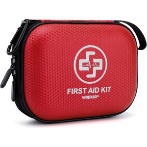 Mini First Aid Kit - 150 Piece Small Waterproof Hard Shell Medical Kit for Home, Car, Travel, Camping, Truck, Hiking, Sports, Office, Vehicle & Outdoor Emergencies- Small First Aid Medical Kit (Red), EXP 2030/09/07