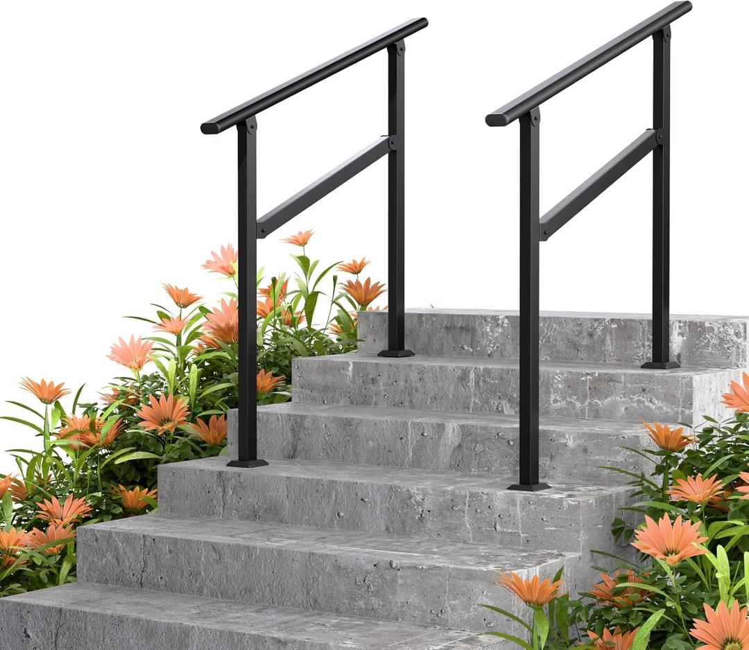 Kingdura Hand Rails for Outdoor Steps, 2 Pack 2 Step Stair Handrail, Galvanized Steel Railing, Black Round Exterior Handrails for Porch, Deck, Indoor Stairs, One-Step Assembly, Fits 2 to 3 Steps