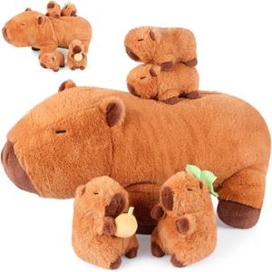 5-in-1 Capybara Stuffed Animals with Babies Inside, 5PC Set Capybara Plush with Mommy & 4 Babies, Soft Pillow Plushies Decor, Cute 3 to 8 Year Old Girl Gifts, Imaginative Play Toy (Capibara)