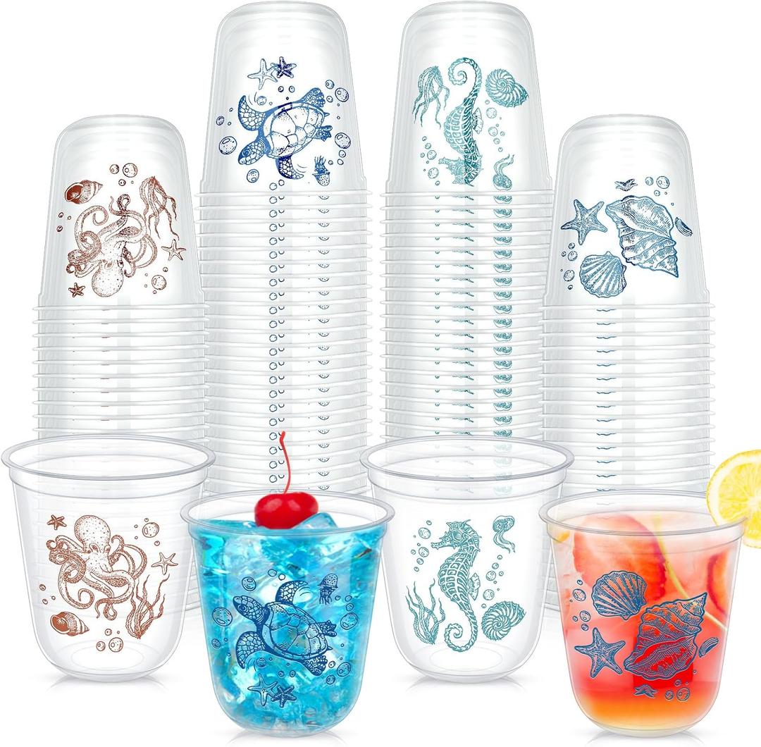 20 Pcs 12 oz Ocean Sea Themed Plastic Stemless Wine Glasses Nautical Disposable Clear Cocktail Cups Turtle Starfish Octopus Conch Shell Drinkware Cup Sets for summer Nautical Party