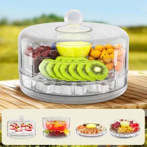 Compact Multifunc Chilled Serving Tray with Clear Rotating Lid,9 Inch Fruit Platter Tray for Parties and Small Cake Stand with Ice Storage Four Compartment Platter for Veggie Sushi Snacks Cupcakes