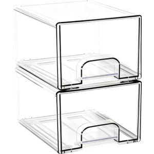 Acrylic Stackable Storage Drawers, [2-Pack] Clear Organizer Bins with Built-in Handles, Smooth Slide-Out Design for Vanity, Under Sink, Medicine Cabinet, Skincare, and More