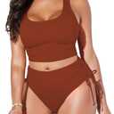 Pink Queen Women's Scoop Neck Racerback Ruched Crop Top High Waisted Bikini Sets 2 Piece Swimsuit Bathing Suit (XL, Caramel)
