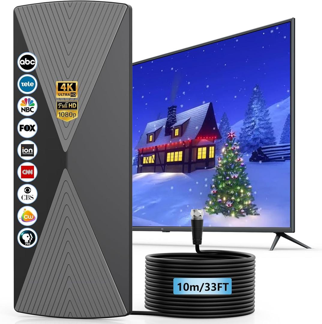 TV Antenna Indoor, 2025 Long Range Antenna for Smart TV with Amplifier Signal Booster for Local Channels,Digital inddor Antenna for All Older TV's-Supports 4K 1080p -33ft Long Cables (Black)