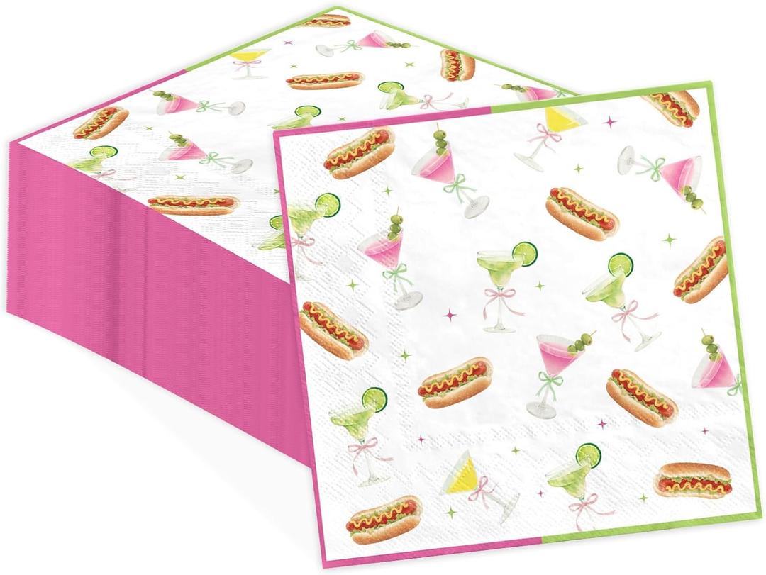 100 Pcs Weenies and Tinis Paper Napkins 3 Ply Hot Dog Martini Theme Disposable Absorbent Hand Towels Green Pink Guest Napkins for Bachelorette Party Birthday Dinner Kitchen Decorations