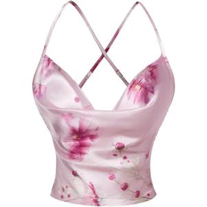 RoseSeek Women's Floral Cowl Neck Draped Crop Cami Tank Top Crisscross Backless Shirred Satin Camisole Tops (S)