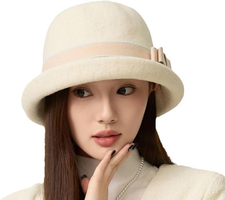 Women Vintage Felt Cloche Hats Winter Fall Solid Fedora Bucket Caps Elegant Bowler Hat Bowknot (Off-white)