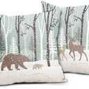 Winter Wildlife Pillow Covers Set of 2 Forest Bear Deer Christmas Pine Trees Snow Decorative Cuchion Cover 20x20 Inches Cotton Linen Throw Pillow Case Double Sided for Sofa Couch Bedding