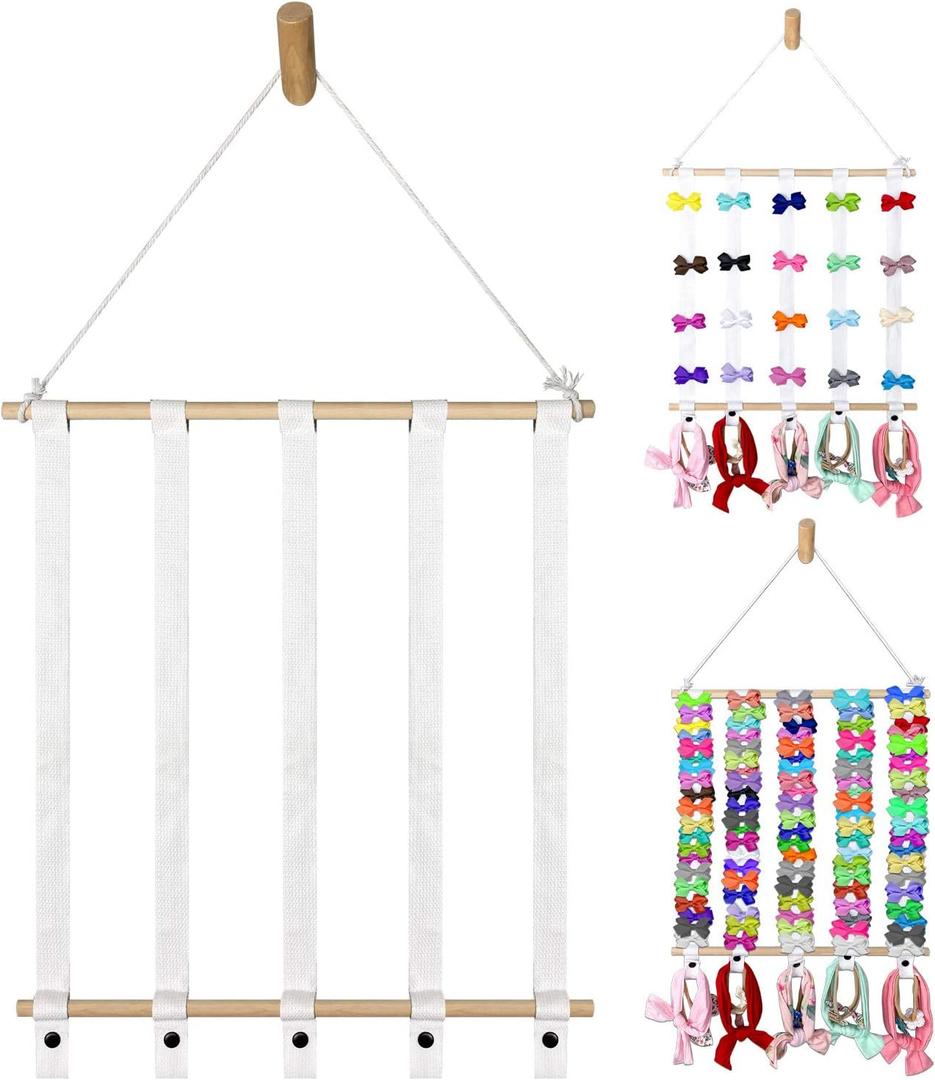 Hair Bow Holder Organizer for Girls - White Cotton Ribbons - Headband, Hair Tie, Clip, Bow Organizers - Baby Hair Accessories Storage Display - Decoration for Girls Room - Baby and Toddler