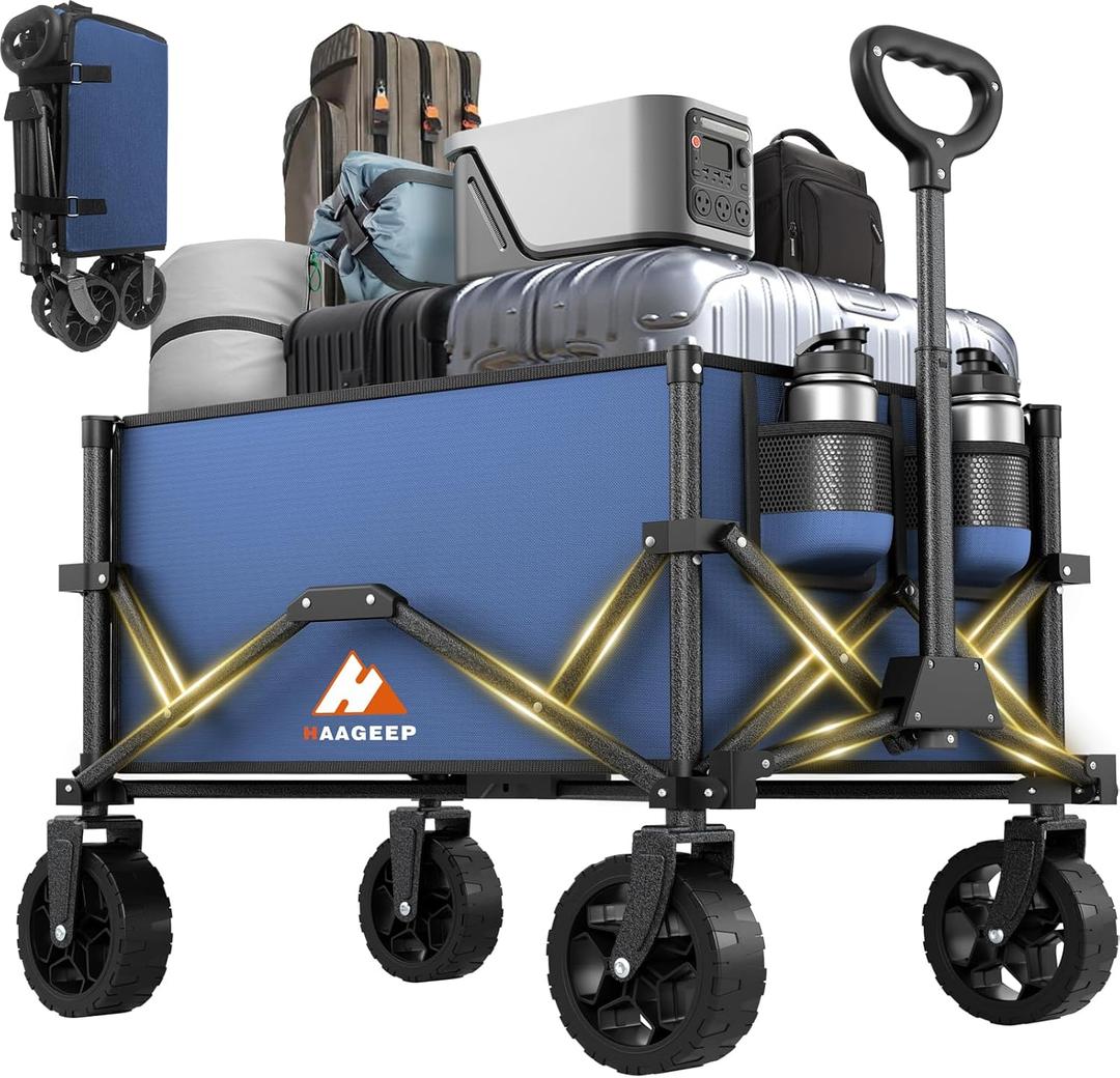 Navy Blue Collapsible Wagon with Wheels, Portable Wagons Carts Foldable, Folding Wagon Cart for Groceries, Sports Garden Shopping Utility Wagon (120L)