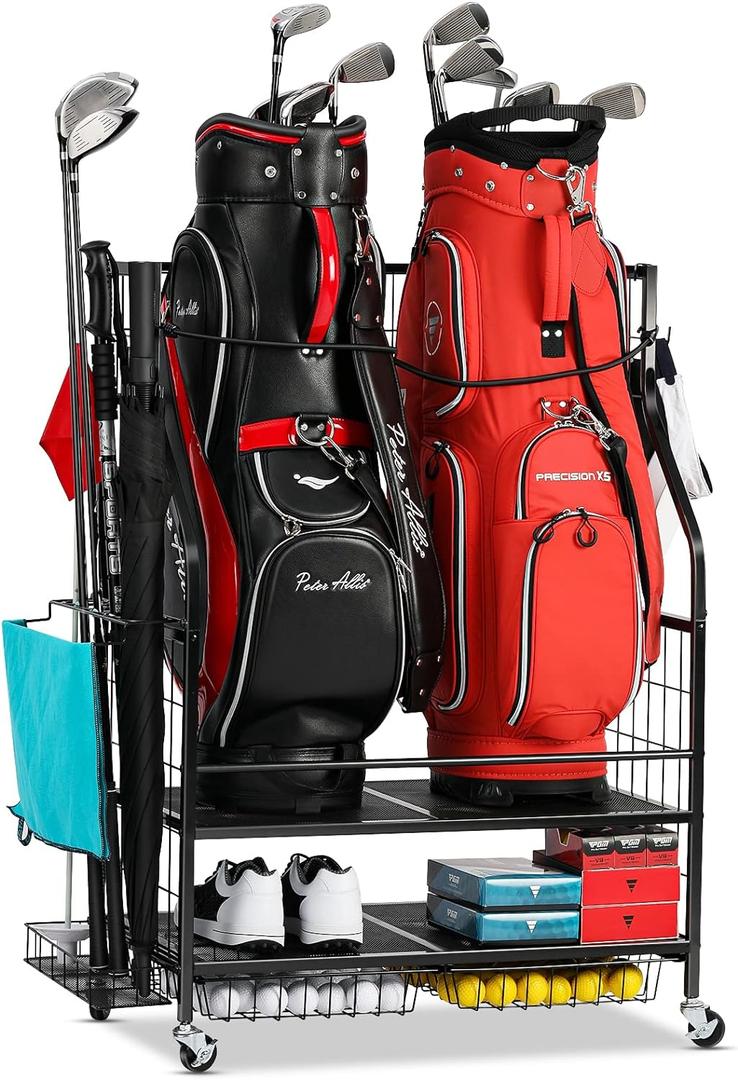 Golf Bag Storage Garage Organizer - Golf Bag Stand Fit for 2 Bag, Extra Clubs, Balls, Shoes, and Golf Equipment Accessories, Golf Storage Rack for Garage, Club, Shed