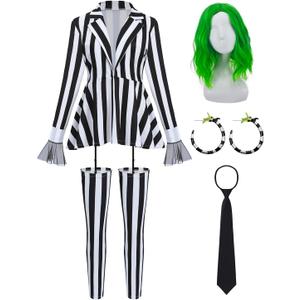 Women Black and White Striped Blazer with Legging Pants Tie Wig Earrings Halloween Costumes Cosplay Role Play Suit (Large)