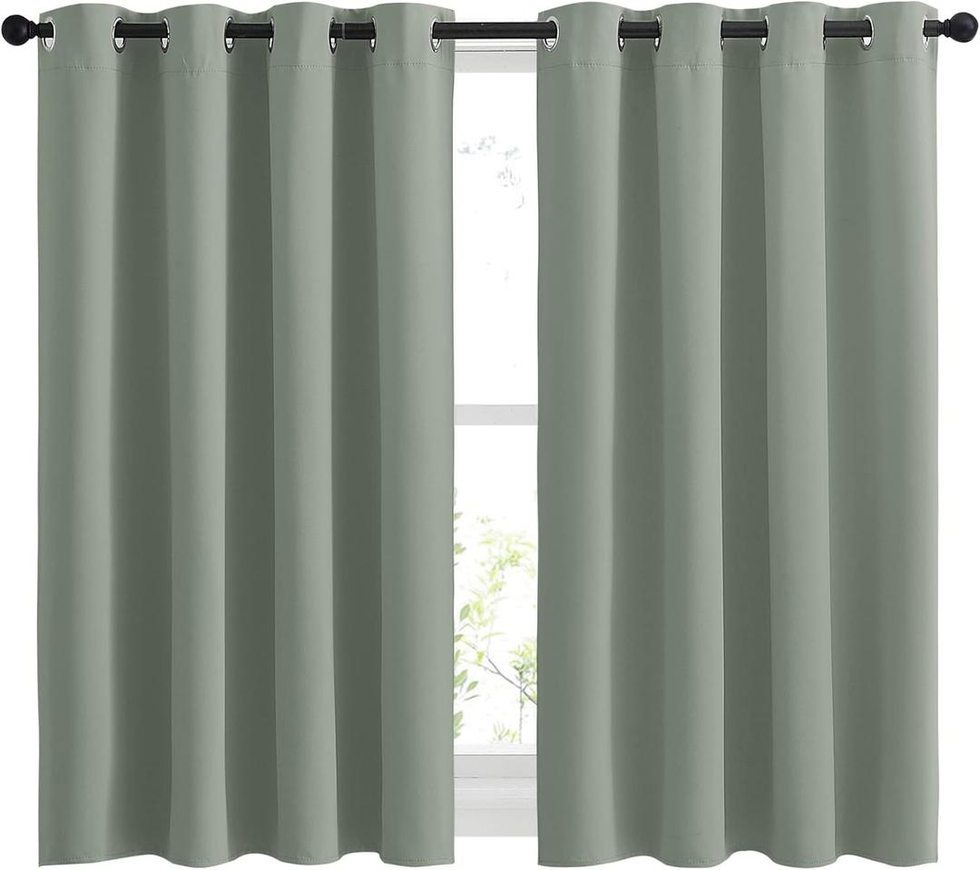 NICETOWN Blackout Sage Green Curtains for Cafe 45 inch Length - Grommet Room Darkening Sound Reducing Solid Curtains and Drapes for Small Windows, W52 x L45, 2 Panels
