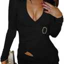 Long Sleeve Deep V Neck Halter Tank Crop Top for Women Asymmetrical Cutout Y2k Shirts Blouse with Waist Buckle Size M