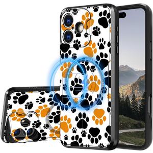 for iPhone 16 Case with Stand & Camera Cover, Full-Body Rugged Protective Phone Case with Kickstand & Magnetic Wireless Charging Compatibility, Dog Paw Prints