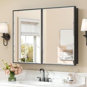 Keonjinn 40” x 30” Black Bathroom Medicine Cabinets with Mirror Recessed or Surface Wall-Mounted Aluminum Alloy Framed Beveled Mirror with Soft Close Hinge, 2 Doors Modern Bathroom Mirror with Storage